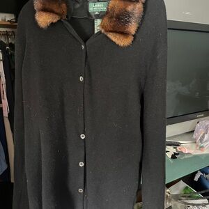 Cashmere Ralph Lauren Black Cardigan with Detachable Genuine Fur Collar